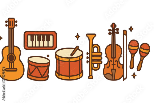 Retro style musical instruments set featuring guitar drums trumpet and violin