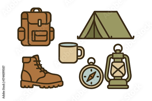 Essential hiking and camping equipment featuring backpack tent boot and compass symbols