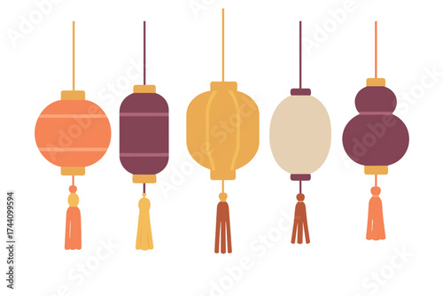 Assortment of five hanging paper lanterns in different shapes and warm colors