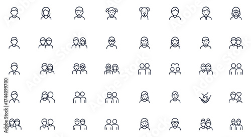 People and pets icon collection with avatars of men, women, children, families, couples, dogs, cats, friends, employees, and grandparents, vector illustration for lifestyle, diversity, and community.