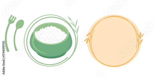Rice bowl in a green circular frame with fork and spoon, plus an empty peach round label with grain sprigs, minimalist food template for menus, packaging, recipe cards, stickers and cafe branding.