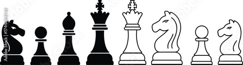 Black and white chess pieces vector, symmetrical arrangement of knight, pawn, bishop, queen icons for strategy, game, and design