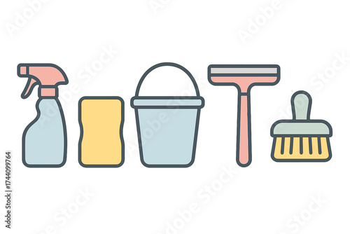 Essential household cleaning tools set: spray bottle, sponge, bucket, squeegee, brush
