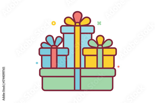 Stacked colorful wrapped gift boxes tied with ribbons for holiday celebration