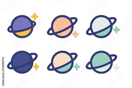 Six stylized space icons featuring ringed planets and sparkling stars
