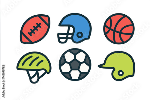 Assortment of athletic gear and protective headwear for popular team sports games
