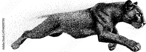 Artistic dotwork illustration of a stealthy panther in motion with stipple texture