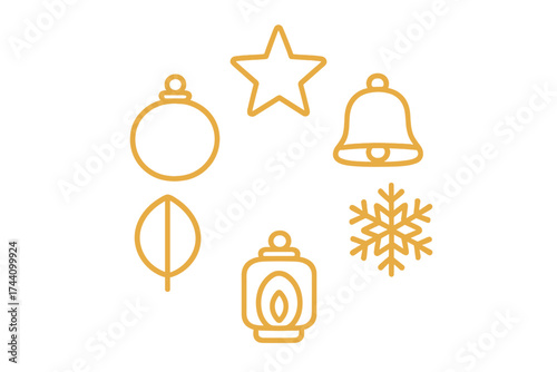 Minimalist golden outline holiday symbols including star, bell, snowflake, and Christmas ornament