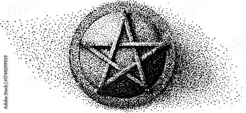 Intricate dotwork stippling of pentagram symbol with vintage halftone effect for spiritual art