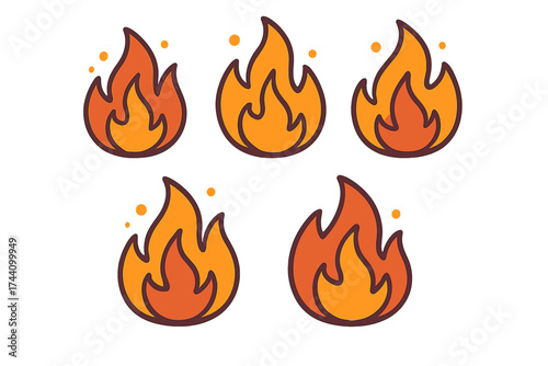 Collection of five stylized fire flame icons in warm orange and yellow colors