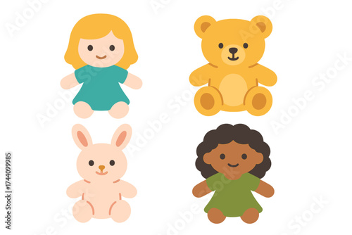 Cute collection of plush toys including diverse dolls, teddy bear, and bunny rabbit
