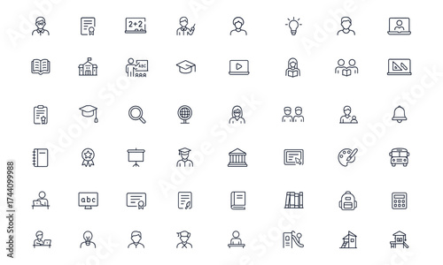 Teacher and education line icons set, editable vector illustration of school, classroom, learning, study, academic symbols, student training, teaching, knowledge, tutor, college, curriculum