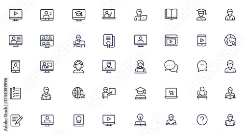 Online education icon set for e-learning, study, school, teacher, student, training, classroom, qualification, lecture, notebook, digital communication, video call, cyberspace, tablet, vector