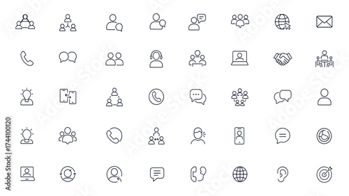 Communication line icon set with editable stroke, featuring teamwork, network, community, discussion, smartphone, partnership, handshake, mail, chat, mobile, meeting, people, and more