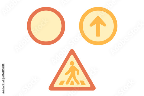 Free Download Three essential traffic control signs: pedestrian crossing, direction arrow, and blank circle - GFXLoad