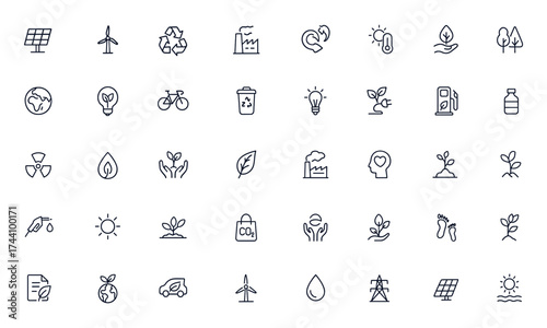 Ecology and environmental conservation icon set, including solar panel, wind energy, recycling, electric car, pollution, forest, green power, global warming, bulb, bike, and more ecofriendly vector