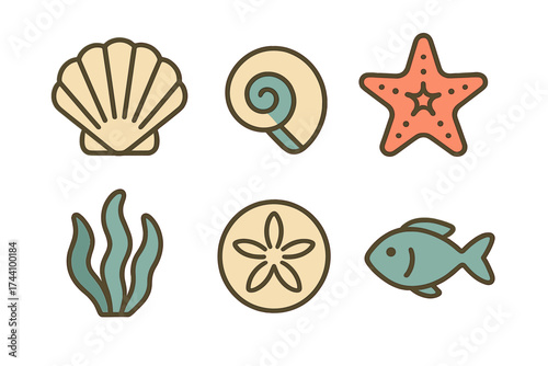 Set of cute stylized sea life icons including shell, starfish, and fish