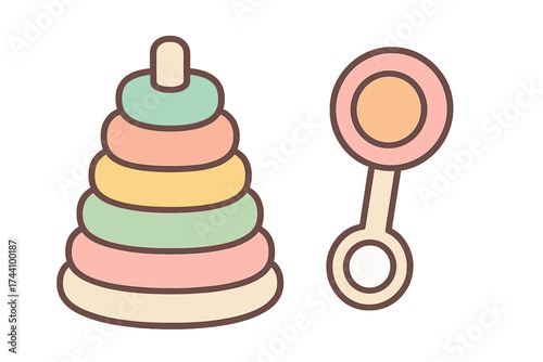 Stacking ring toy and baby rattle icons in soft pastel colors