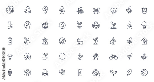 Ecology and environmental icons showcasing renewable energy, recycling, global warming, air pollution, forest conservation, solar panels, wind power, electric cars, and sustainable green earth concept