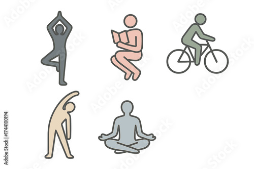 Collection of stylized icons representing healthy lifestyle activities and relaxation poses