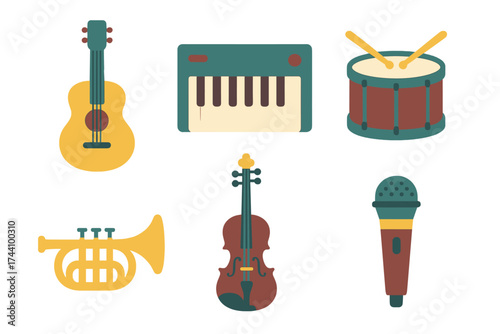 Set of diverse musical instrument icons for creation and performance concepts
