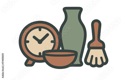 Set of stylized craft and design objects including clock vase bowl and paintbrush