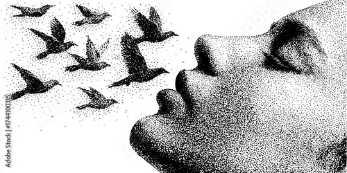 Surreal portrait of human profile and birds in flight - stippling and dotwork art