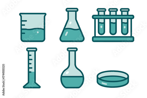 Collection of laboratory glassware icons featuring various scientific containers with liquid