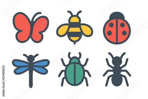 Set of colorful stylized insect icons including butterfly, bee, ladybug, dragonfly, beetle, and ant