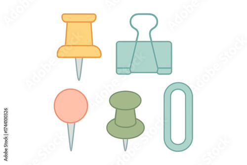 Assortment of colorful office stationery items including pushpins and binder clips