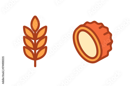 Set of wheat ear and bottle cap icons representing brewing ingredients