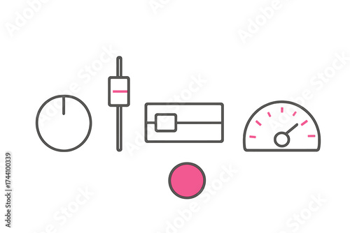 Set of simple control panel elements including dial, slider, switch, and gauge