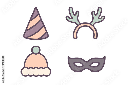 Four festive head accessories icons for parties and holidays