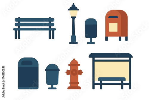 Set of urban street furniture icons featuring bench, lamppost, and waste receptacles