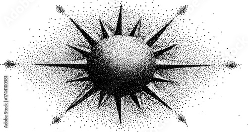Radiant sun in detailed dotwork stippling illustration