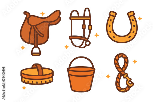 Set of equestrian stable equipment icons featuring saddle bridle horseshoe brush and rope