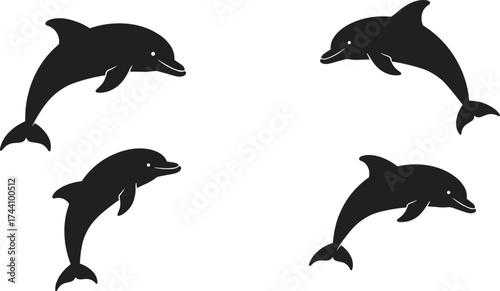 Four dolphin silhouettes swimming in ocean, marine animal illustration, sea life vector design, aquatic wildlife artwork, playful ocean mammals graphic