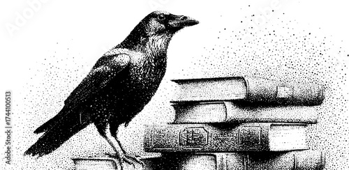 Intricate dotwork stipple illustration of a raven perched on books with halftone effect