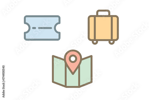 Set of travel icons including ticket luggage and map pin markers