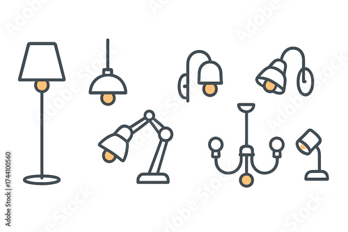 Modern line art icons for various indoor lighting fixtures and home decor concepts