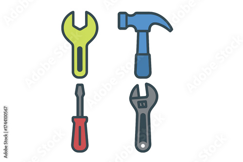 Four essential hand tools including hammer, screwdriver, and two types of wrenches