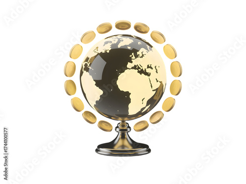 Shiny 3D Earth globe surrounded by orbiting gold coins representing international investment and global economy isolated on transparent background