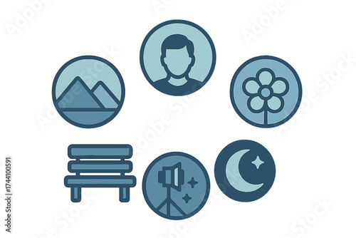 Abstract circular icons representing nature people and photography concepts