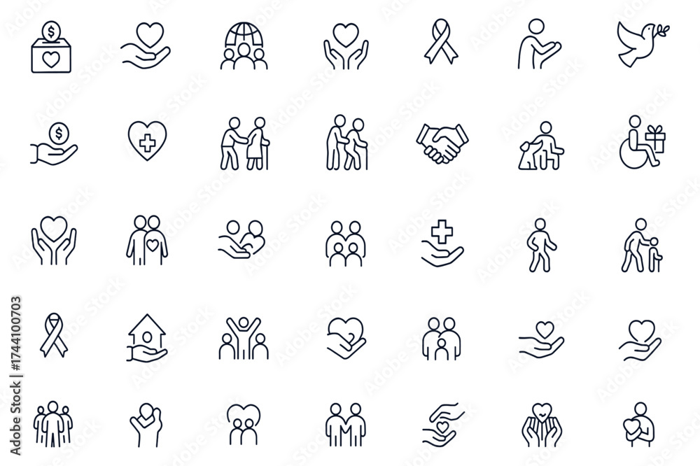 Fototapeta premium Charity and volunteer icon set with editable line symbols of donation, welfare, medical care, cooperation, support, kindness, heart, gift, handshake, people, help, and community service