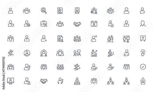 Human resource and personnel icon set for corporate business, employee management, recruitment, teamwork, career growth, training, communication, salary, and office development, hr vector