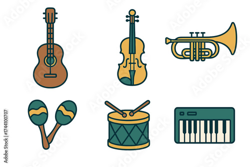 Collection of various musical instrument icons including string and percussion items