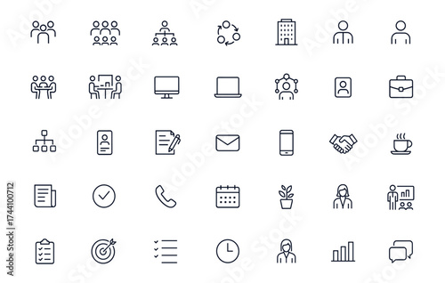 Business and office editable line icons set with teamwork, employees, meetings, computer, staff, contracts, handshake, communication, corporate workspace, digital technology, professional people