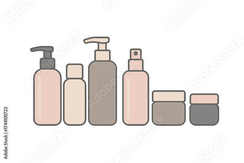 Assortment of cosmetic and skincare packaging containers with pumps and lids