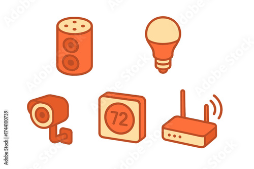 Isometric icons set of smart home devices including speaker light bulb security camera thermostat router