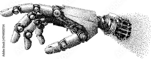 Intricate robotic hand illustration featuring stippling and dotwork technique for futuristic design